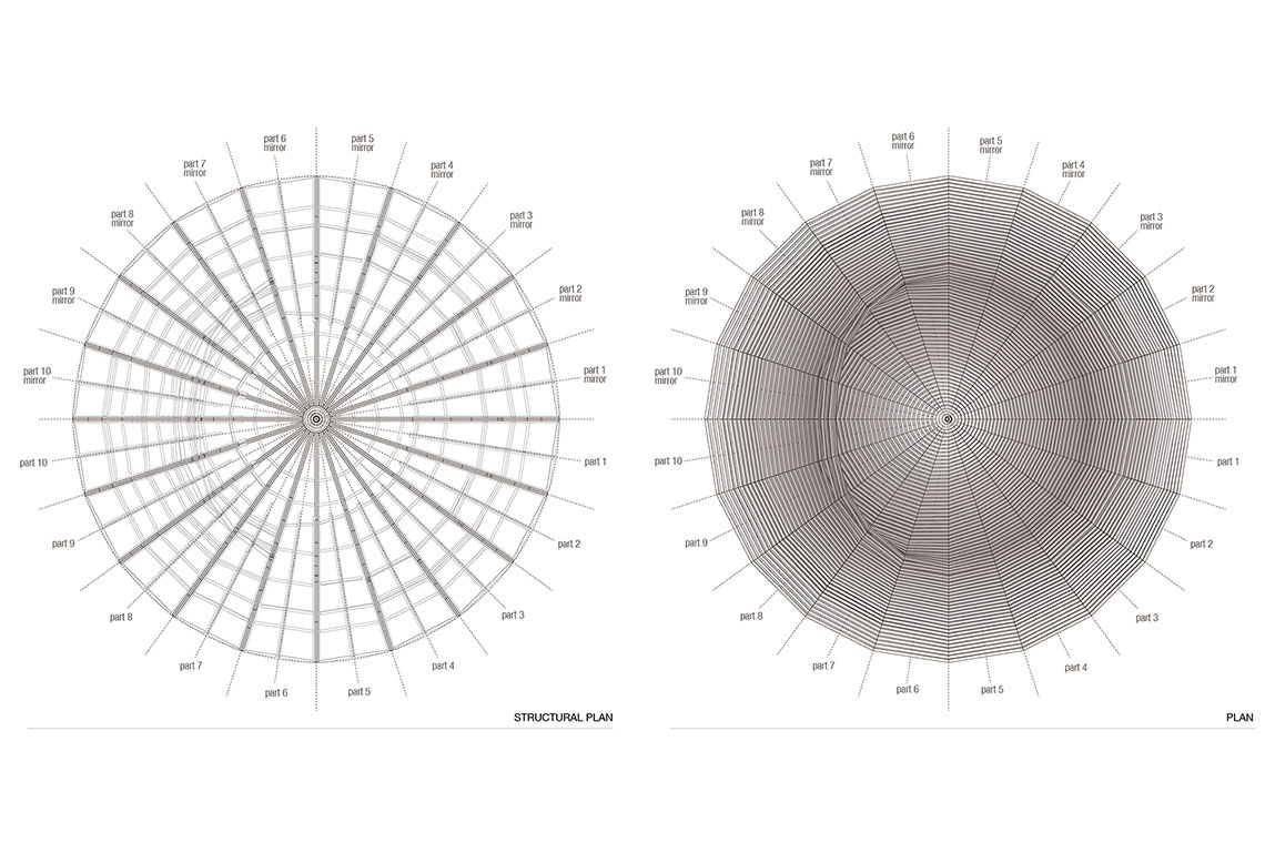 Crater Lake installation structural plan drawing shows circular surface divided into 20 radial parts composed of wood ribs and wood deck.